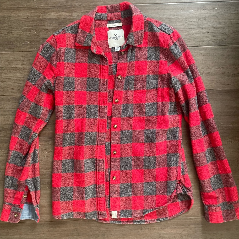 AE FLANNEL LOUNGE PLAID BUTTON DOWN SHIRT RED/GRAY XS